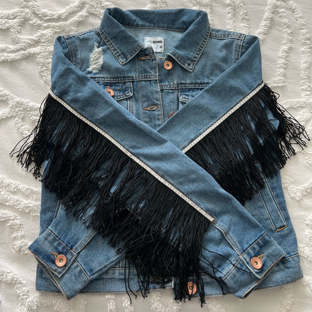 Custom fringe Jean jacket size M